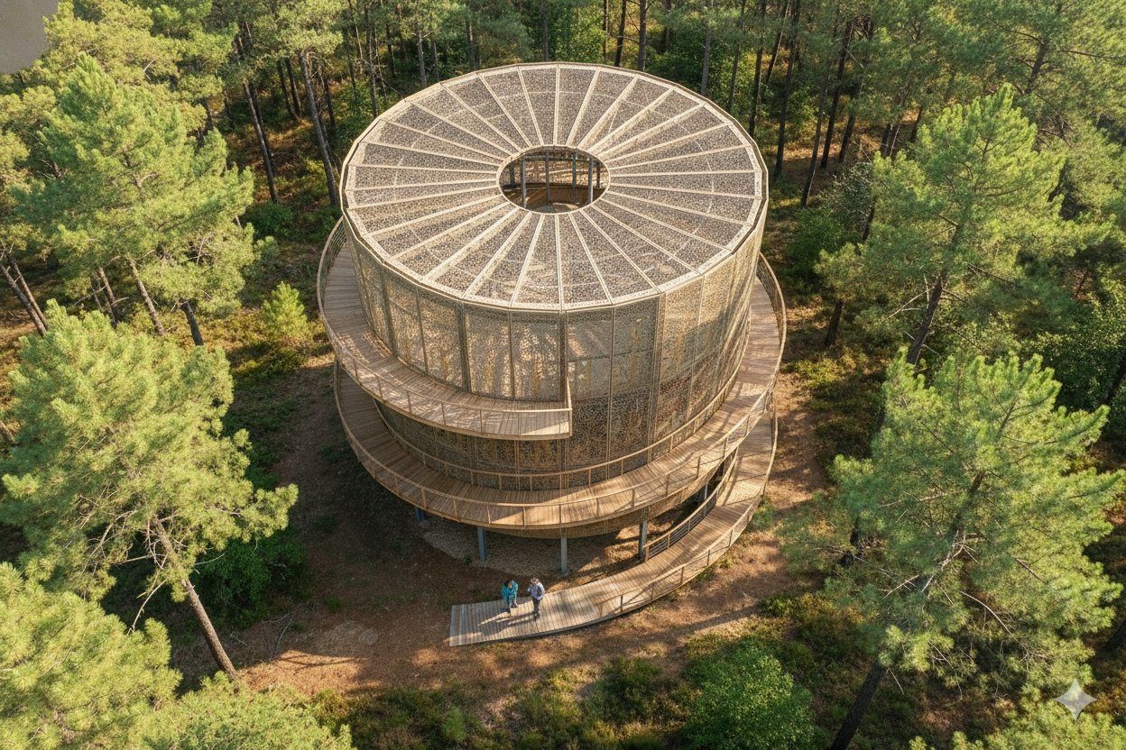 Vue aérienne d'Aérostrates, belvédère circulaire en résille au milieu de la forêt landaise