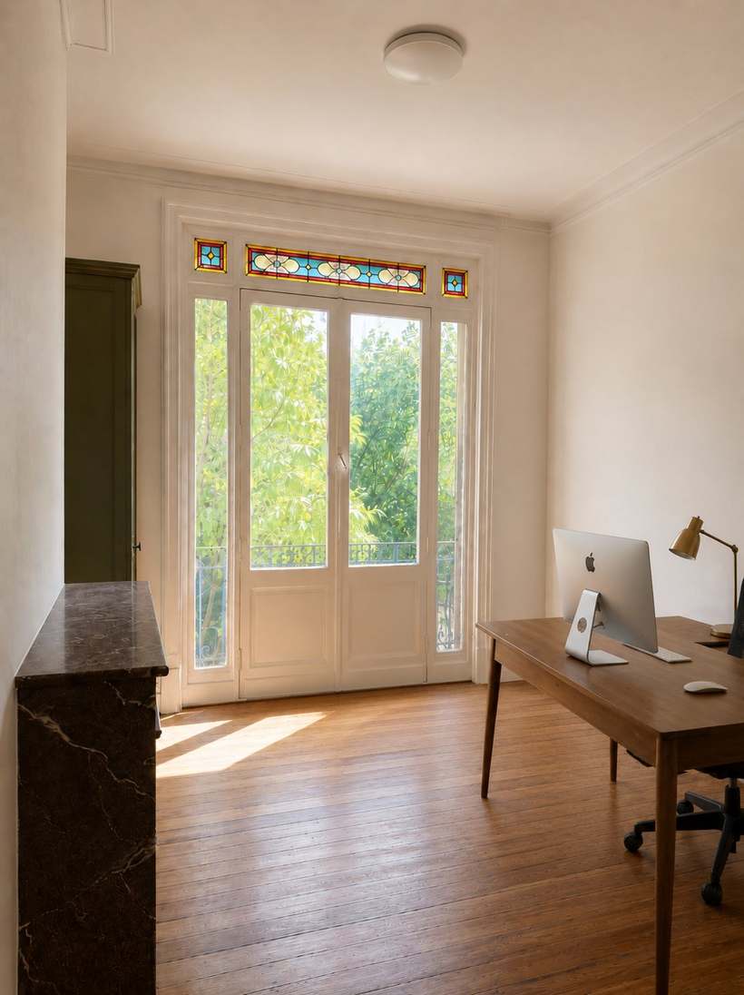Le bureau devant une porte-fenêtre à petits bois