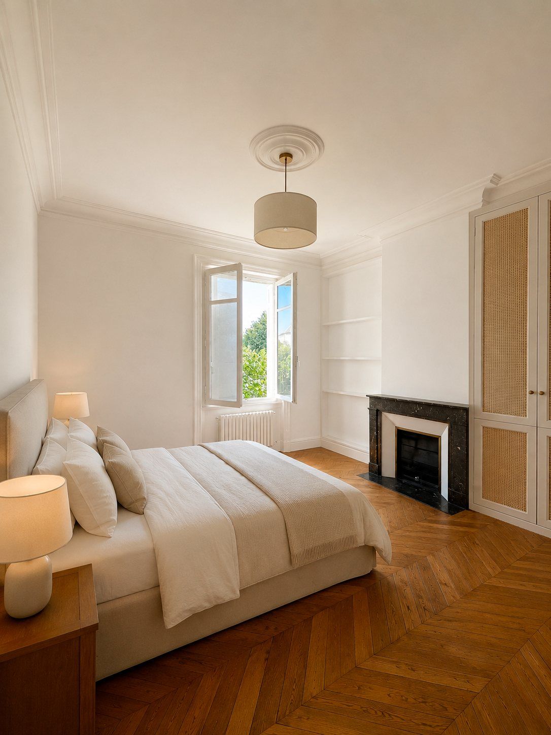 Une chambre avec cheminée et parquet