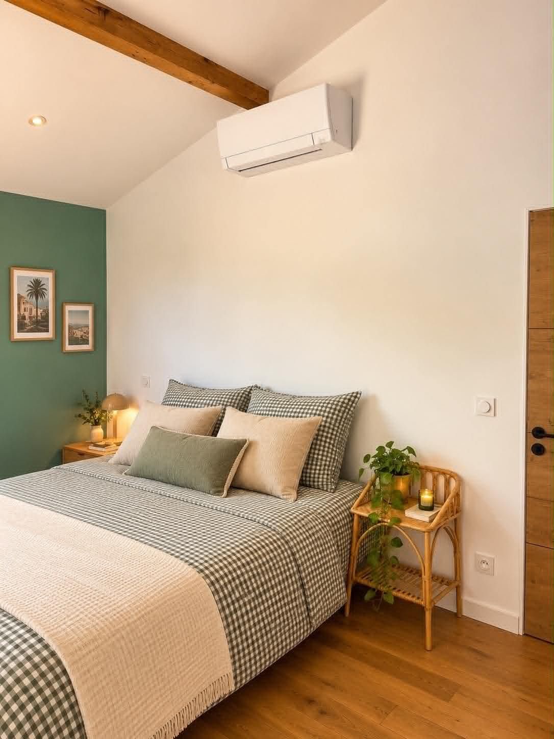 Chambre sous rampant, mur vert