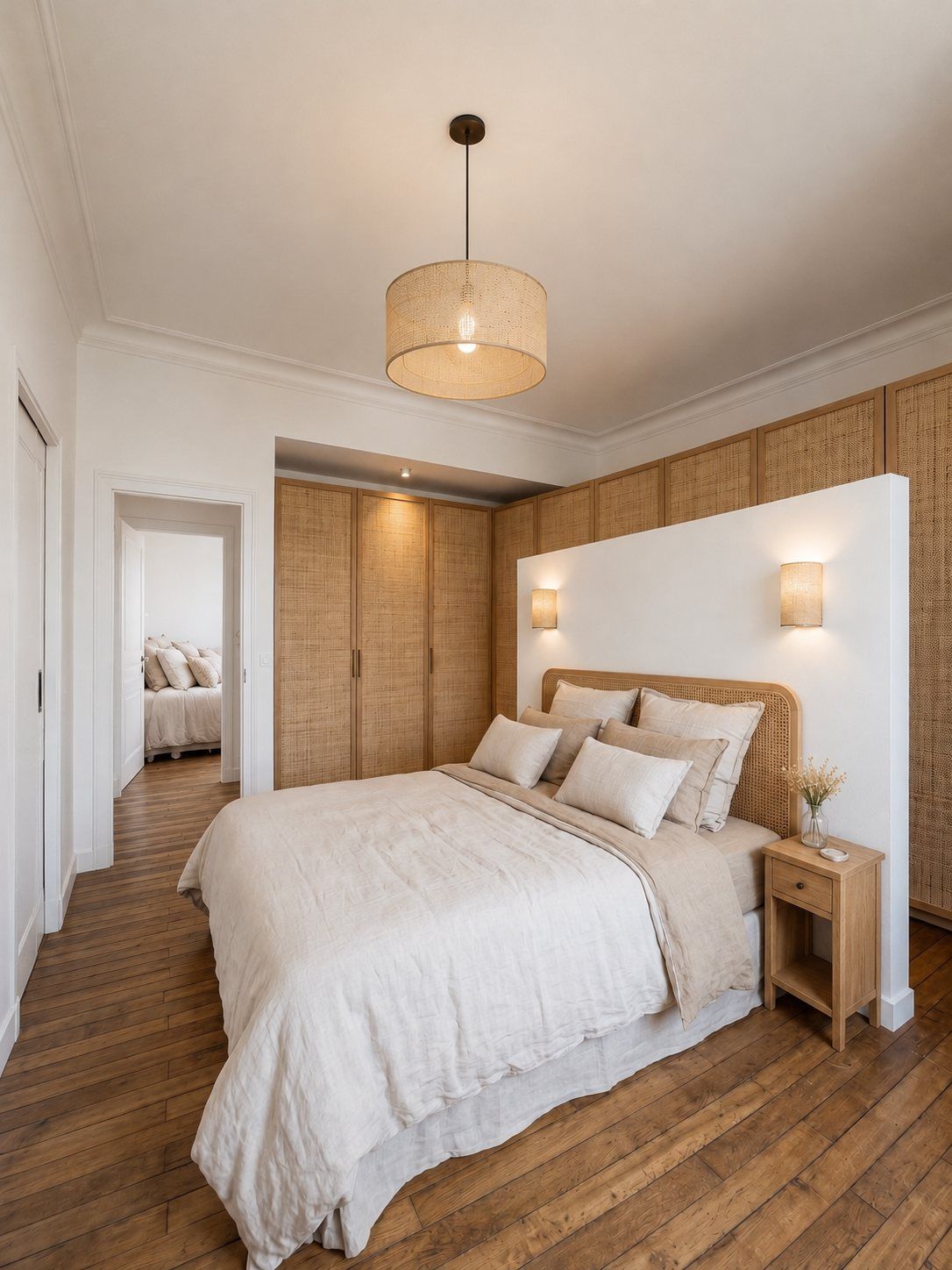 Une chambre, tête de lit habillée de bois et parquet clair