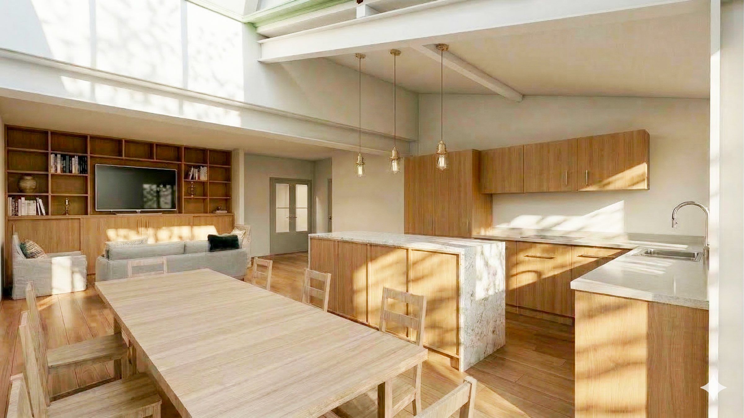 Cuisine ouverte et grande table sous la verrière
