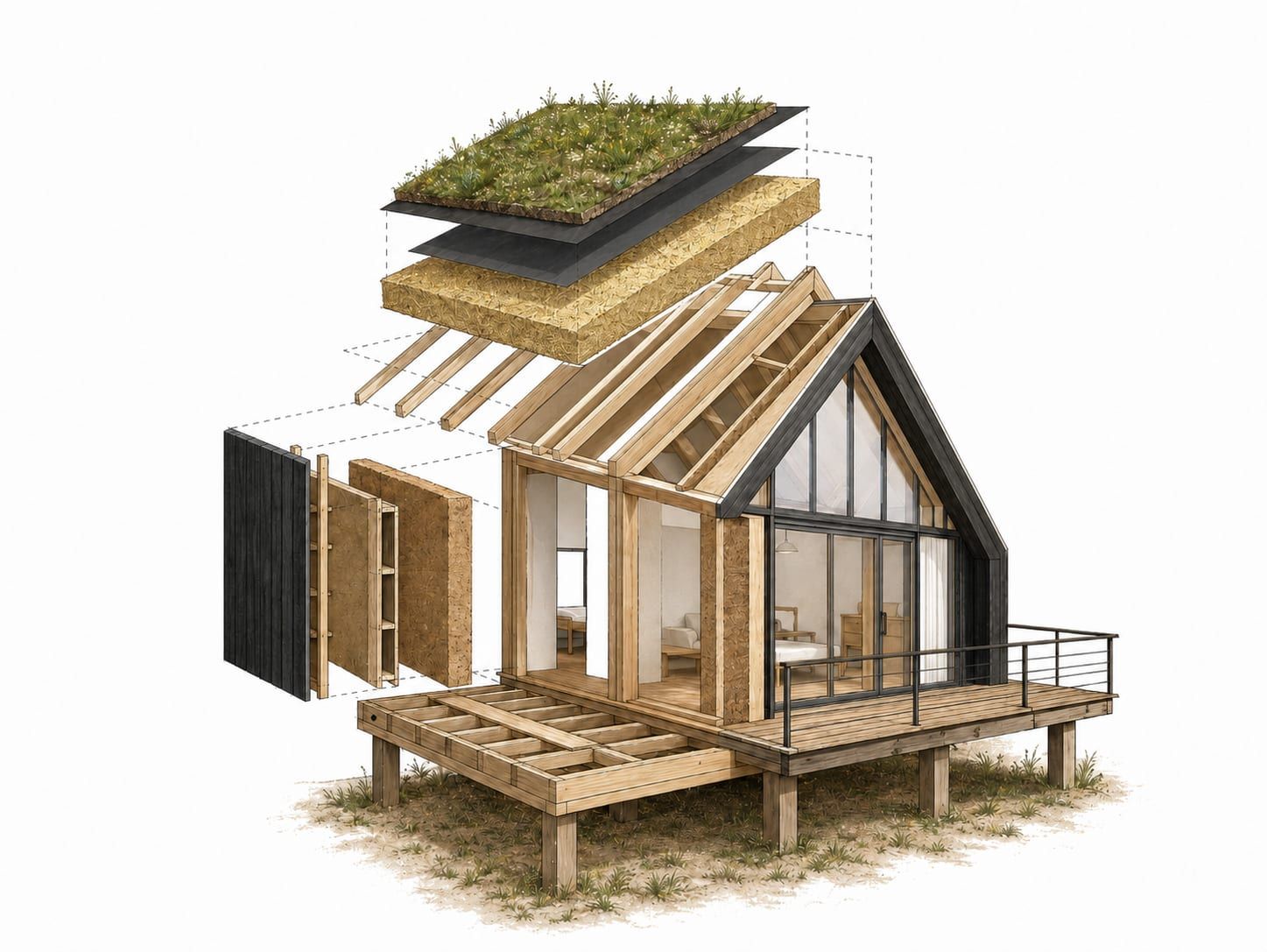 Éclaté constructif : ossature bois, paille, terre crue, toiture végétalisée