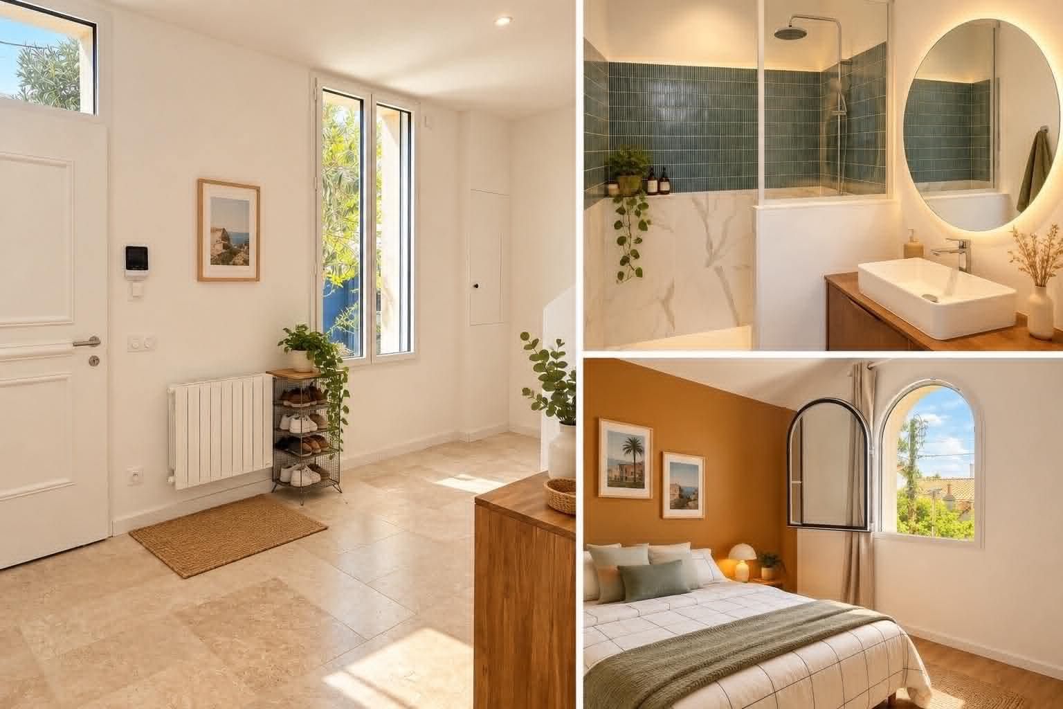 Entrée, salle d'eau et chambre à fenêtre cintrée