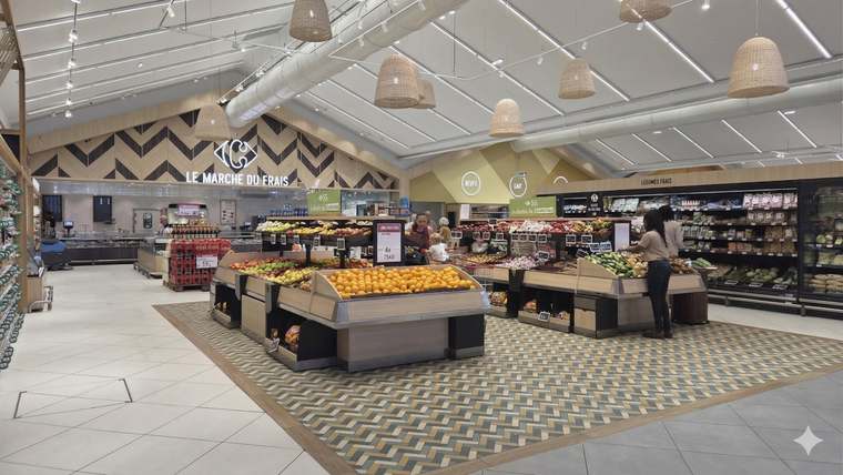 Le marché intérieur sous la charpente claire, étals de fruits et sol à chevrons
