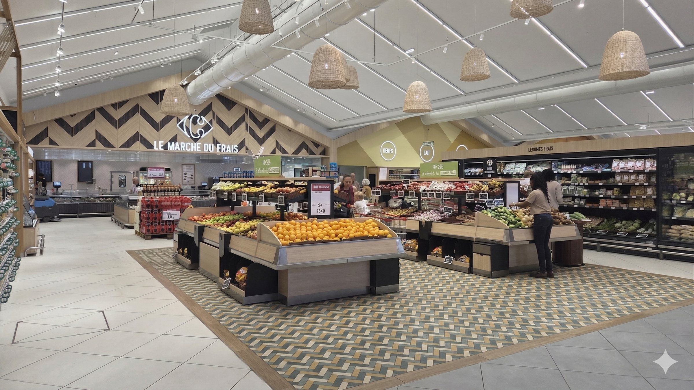 Le marché intérieur sous la charpente claire, étals de fruits et sol à chevrons