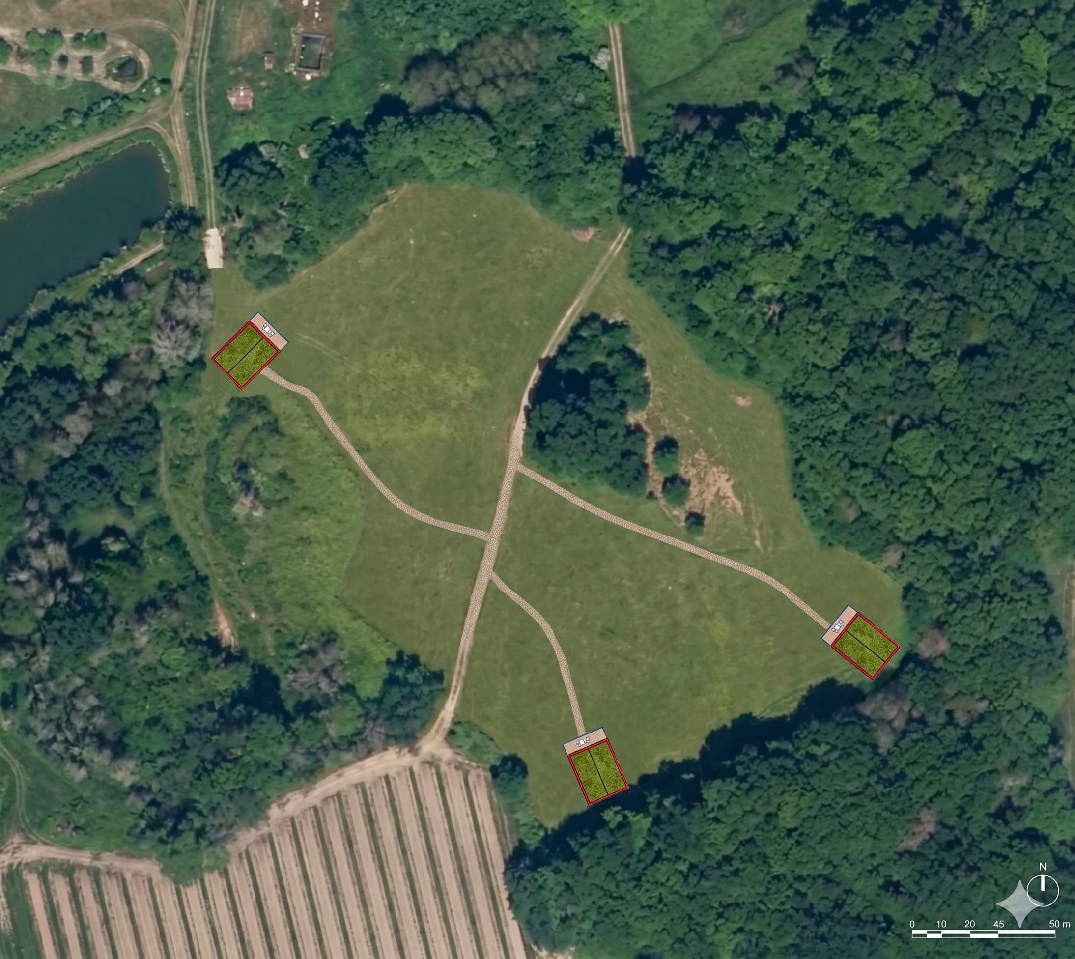 Implantation des lodges sur la parcelle boisée