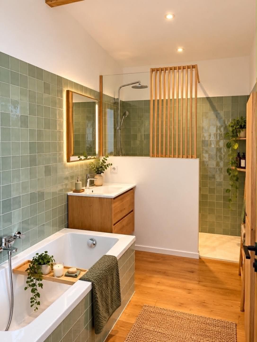 Salle de bain en carreaux verts et bois