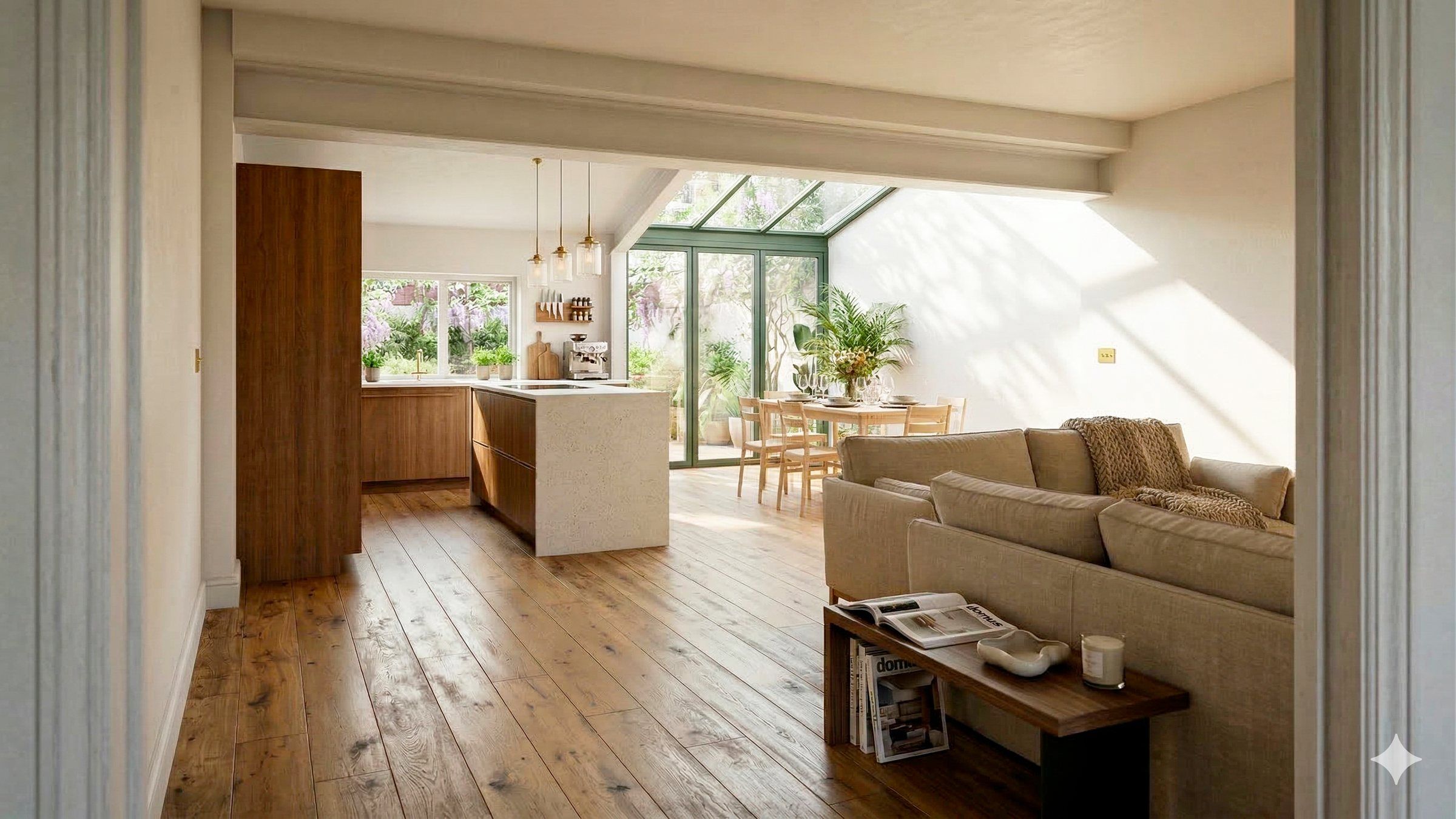 Le séjour sur parquet ancien, la véranda au fond