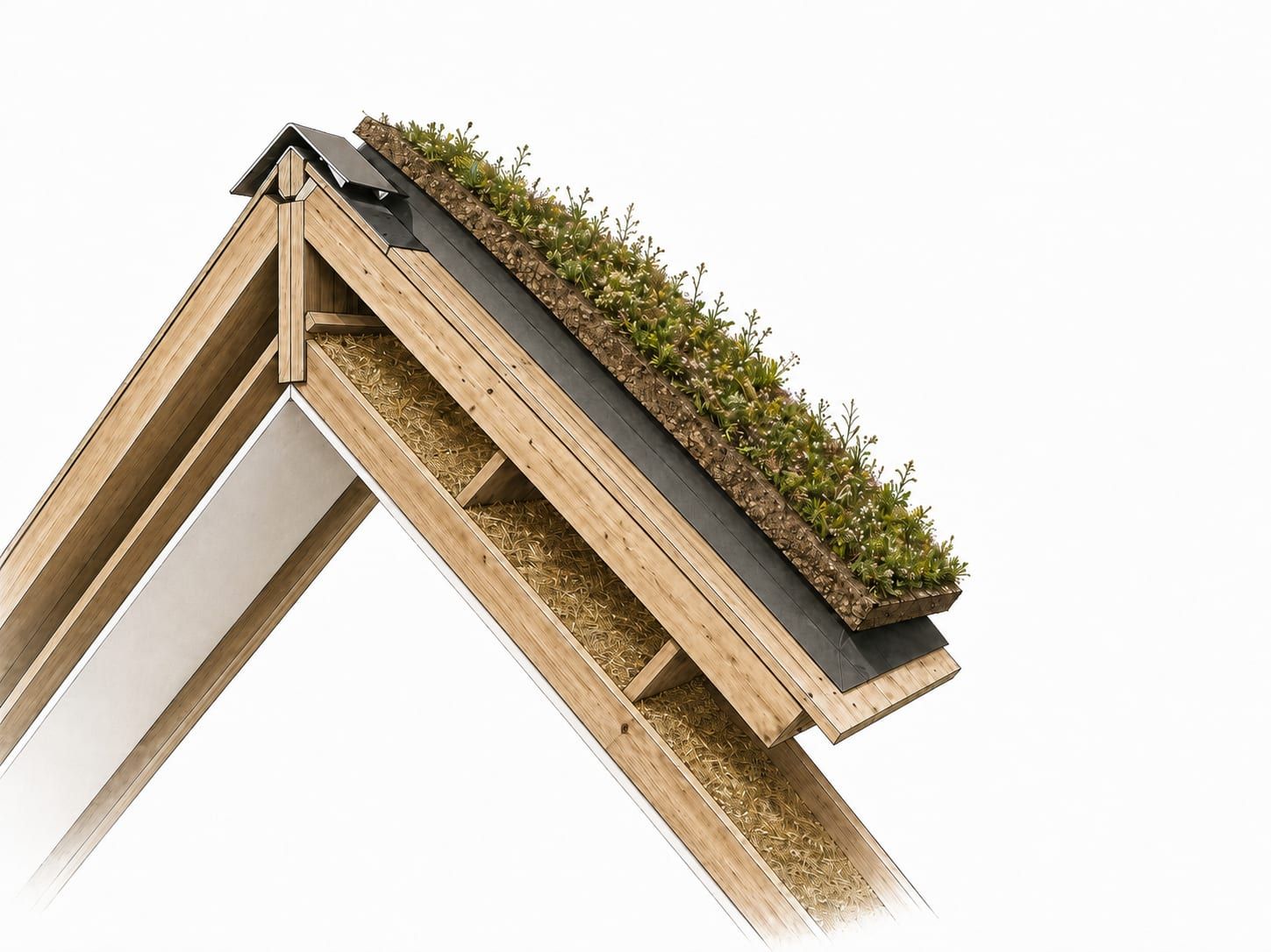 Détail de la toiture végétalisée et de sa structure bois