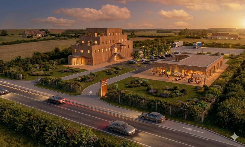 Vue aérienne de l'immeuble pyramidal habillé de bois et de l'ensemble commercial